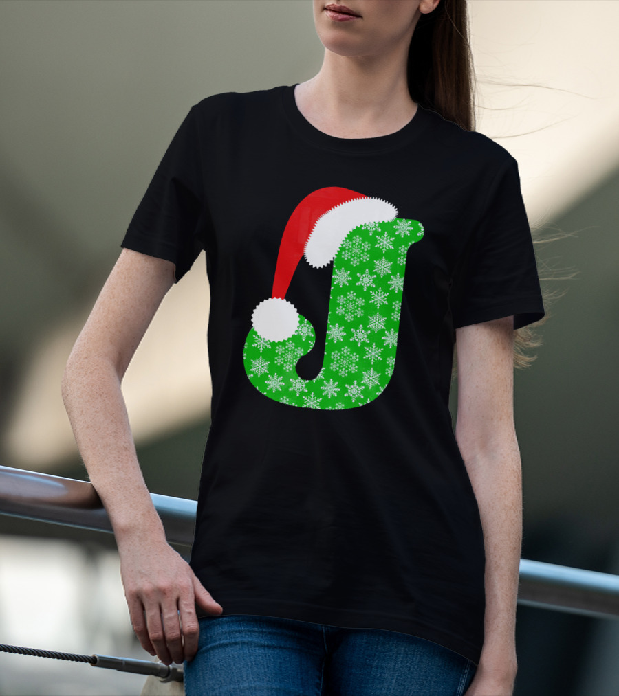 Santa Hat Green Snowflake Monogram Letter J Christmas T-Shirt
