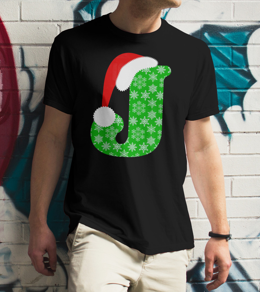 Santa Hat Green Snowflake Monogram Letter J Christmas T-Shirt