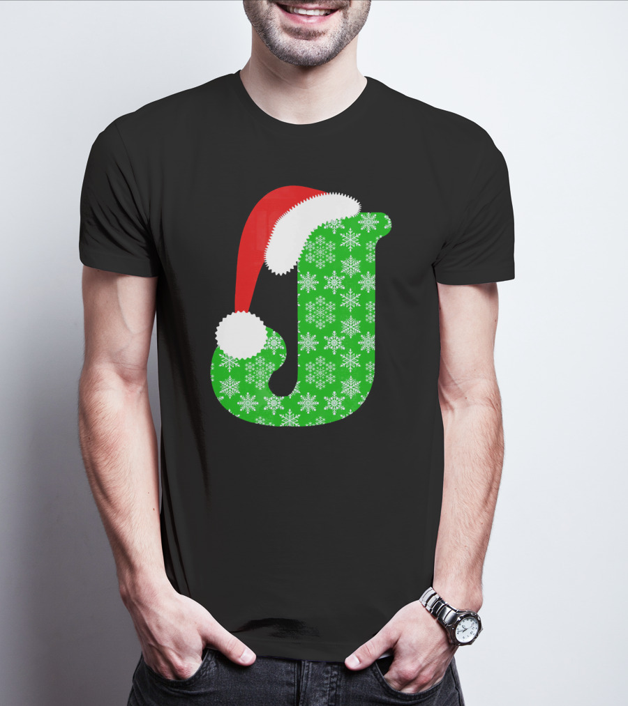 Santa Hat Green Snowflake Monogram Letter J Christmas T-Shirt