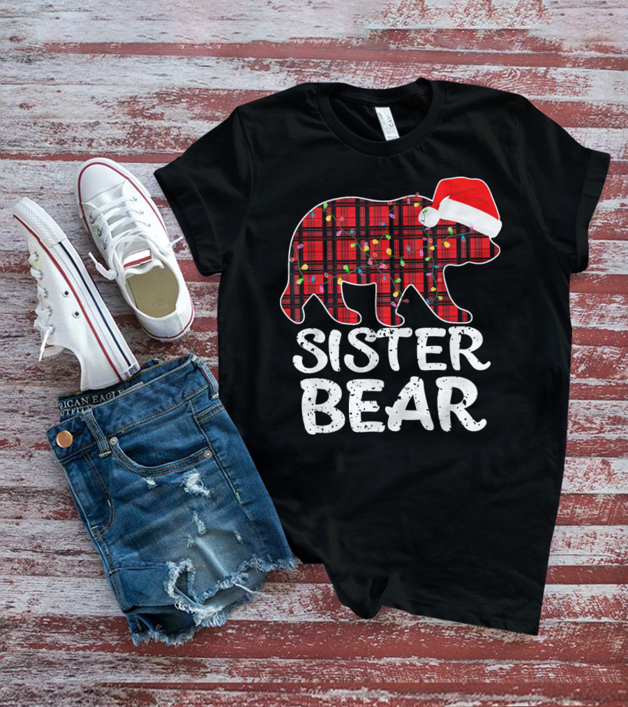 Sister Bear Red Plaid Christmas Paj With Santa Hat And Lights T-Shirt