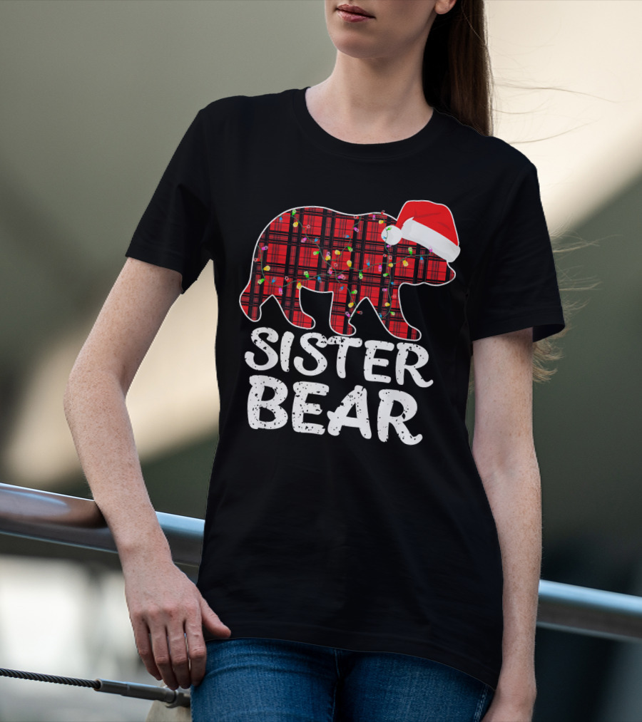 Sister Bear Red Plaid Christmas Paj With Santa Hat And Lights T-Shirt