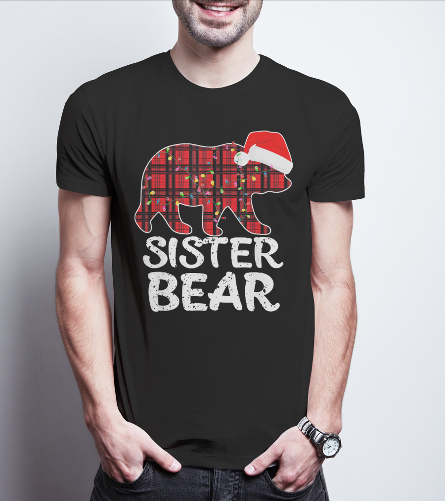 Sister Bear Red Plaid Christmas Paj With Santa Hat And Lights T-Shirt