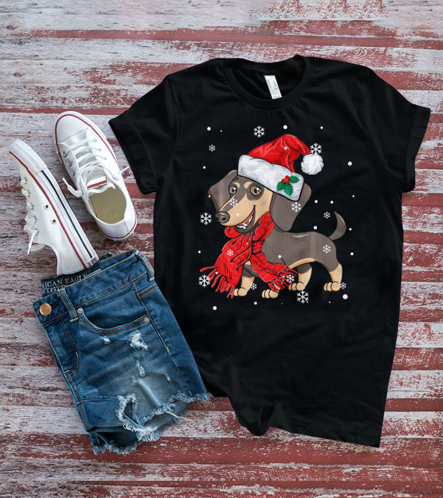 Dachshund Wearing Santa Hat And Red Scarf With Snowflakes T-Shirt
