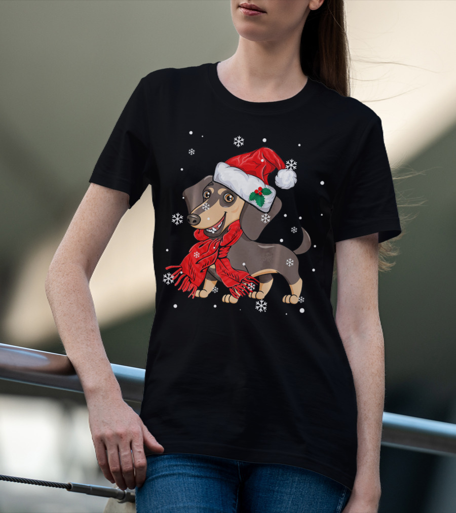Dachshund Wearing Santa Hat And Red Scarf With Snowflakes T-Shirt