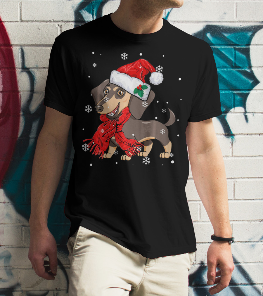 Dachshund Wearing Santa Hat And Red Scarf With Snowflakes T-Shirt