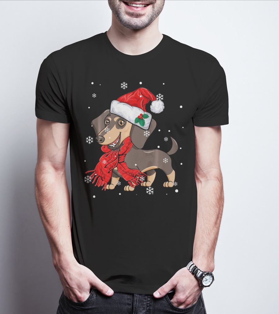 Dachshund Wearing Santa Hat And Red Scarf With Snowflakes T-Shirt