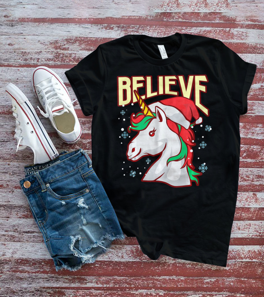 Believe The Unicorn Santa Hat Snowflakes T-Shirt