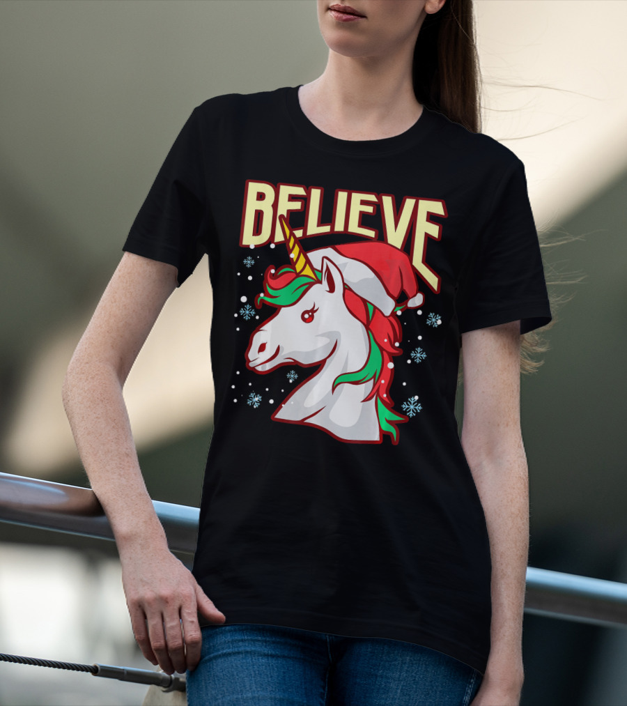 Believe The Unicorn Santa Hat Snowflakes T-Shirt