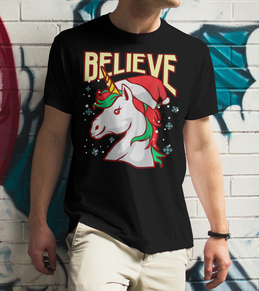 Believe The Unicorn Santa Hat Snowflakes T-Shirt
