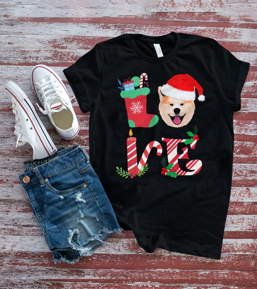 I Love My Akita Christmas Love With Santa Hat And Holiday Decorations T-Shirt