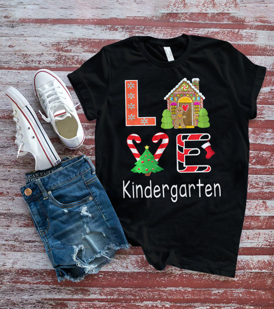 Love Kindergarten Christmas Candy Cane Gingerbread House T-Shirt
