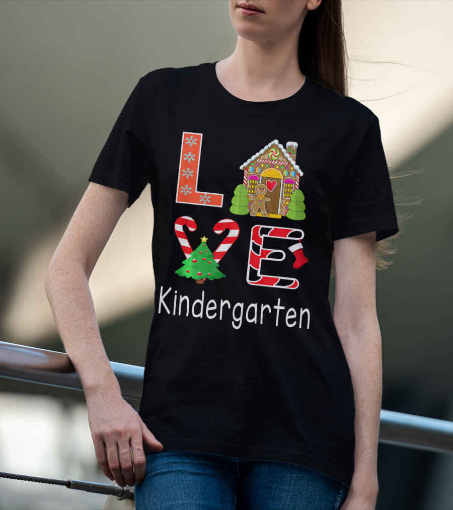 Love Kindergarten Christmas Candy Cane Gingerbread House T-Shirt
