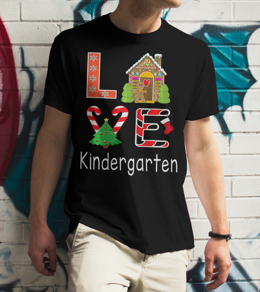 Love Kindergarten Christmas Candy Cane Gingerbread House T-Shirt