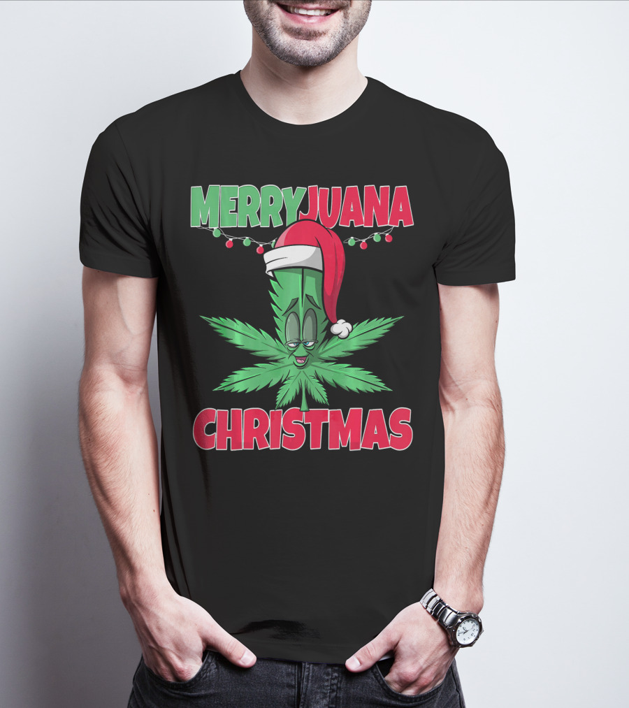 Merryjuana Christmas Funny Santa Hat Marijuana Leaf T-Shirt