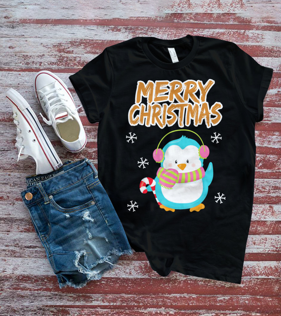 Merry Christmas Penguin With Candy Cane And Snowflakes T-Shirt
