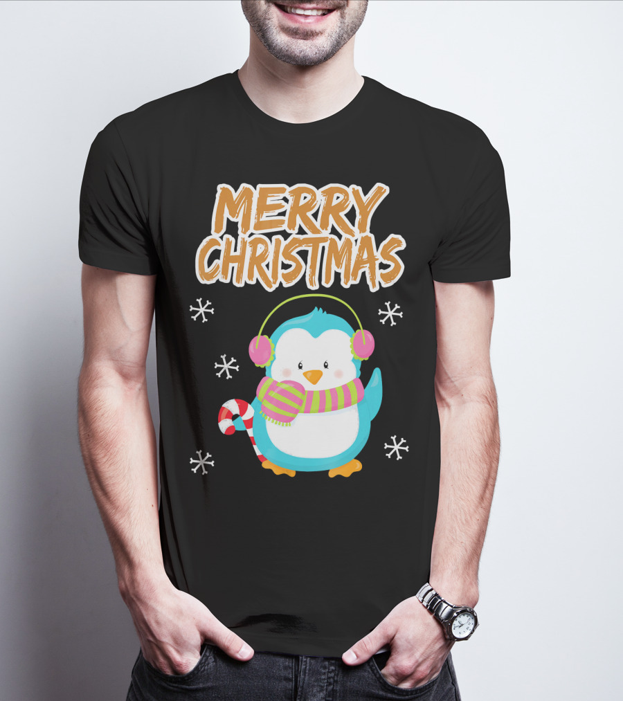 Merry Christmas Penguin With Candy Cane And Snowflakes T-Shirt
