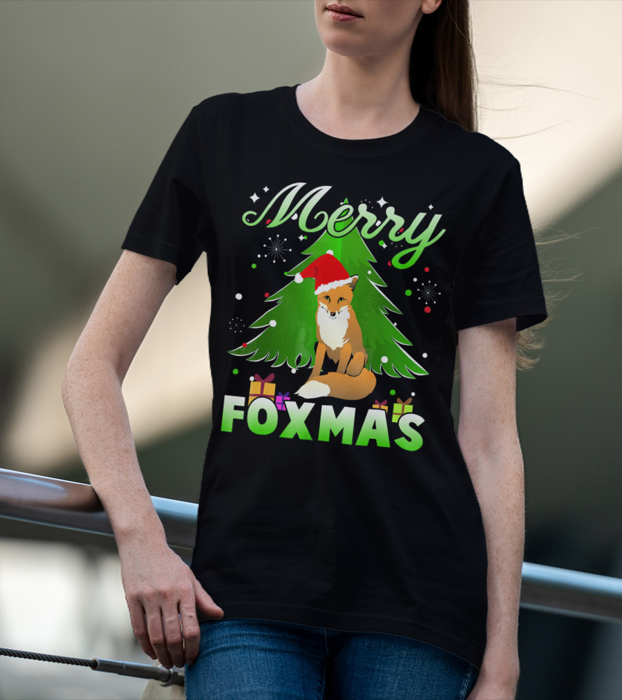 Merry Foxmas Santa Hat Fox And Christmas Tree T-Shirt
