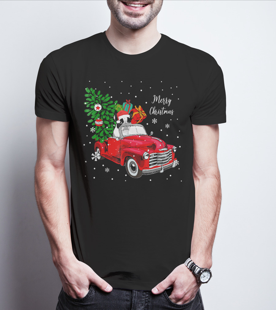 Merry Christmas Santa Boston Terrier Red Truck Snowflakes T-Shirt
