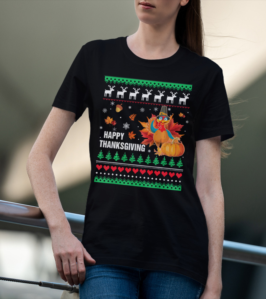 Happy Thanksgiving Turkey Pilgrim Hat Reindeer Snowflakes Pumpkins Leaves T-Shirt