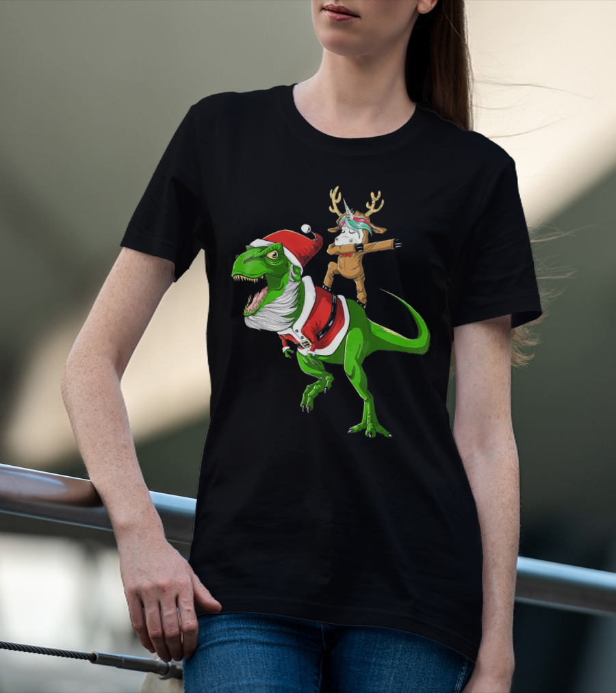 Unicorn Dabbing On Dinosaur Santa With Antlers T-Shirt