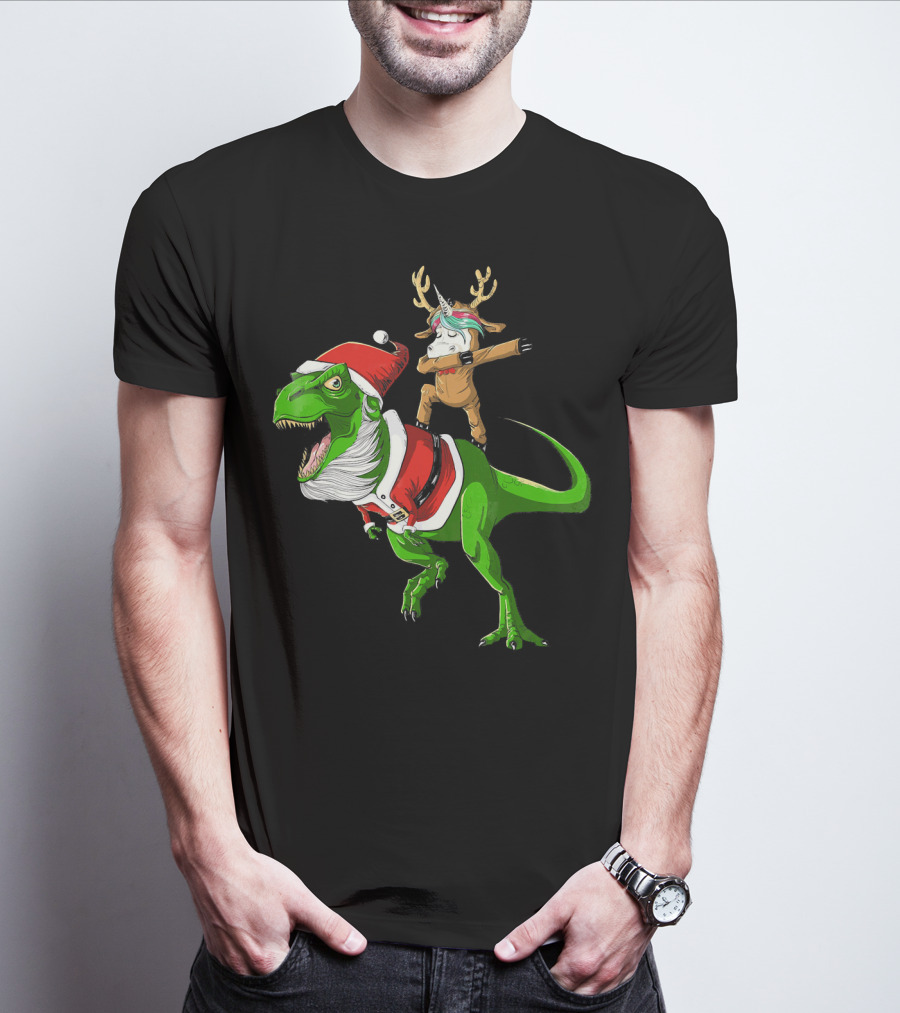 Unicorn Dabbing On Dinosaur Santa With Antlers T-Shirt