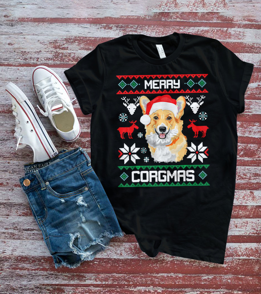 Merry Corgmas Corgi Dog Santa Hat Ugly Christmas T-Shirt