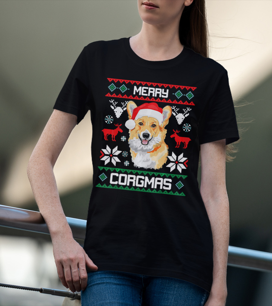Merry Corgmas Corgi Dog Santa Hat Ugly Christmas T-Shirt