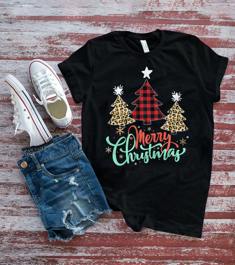 Merry Christmas Leopard Plaid Tree T-Shirt