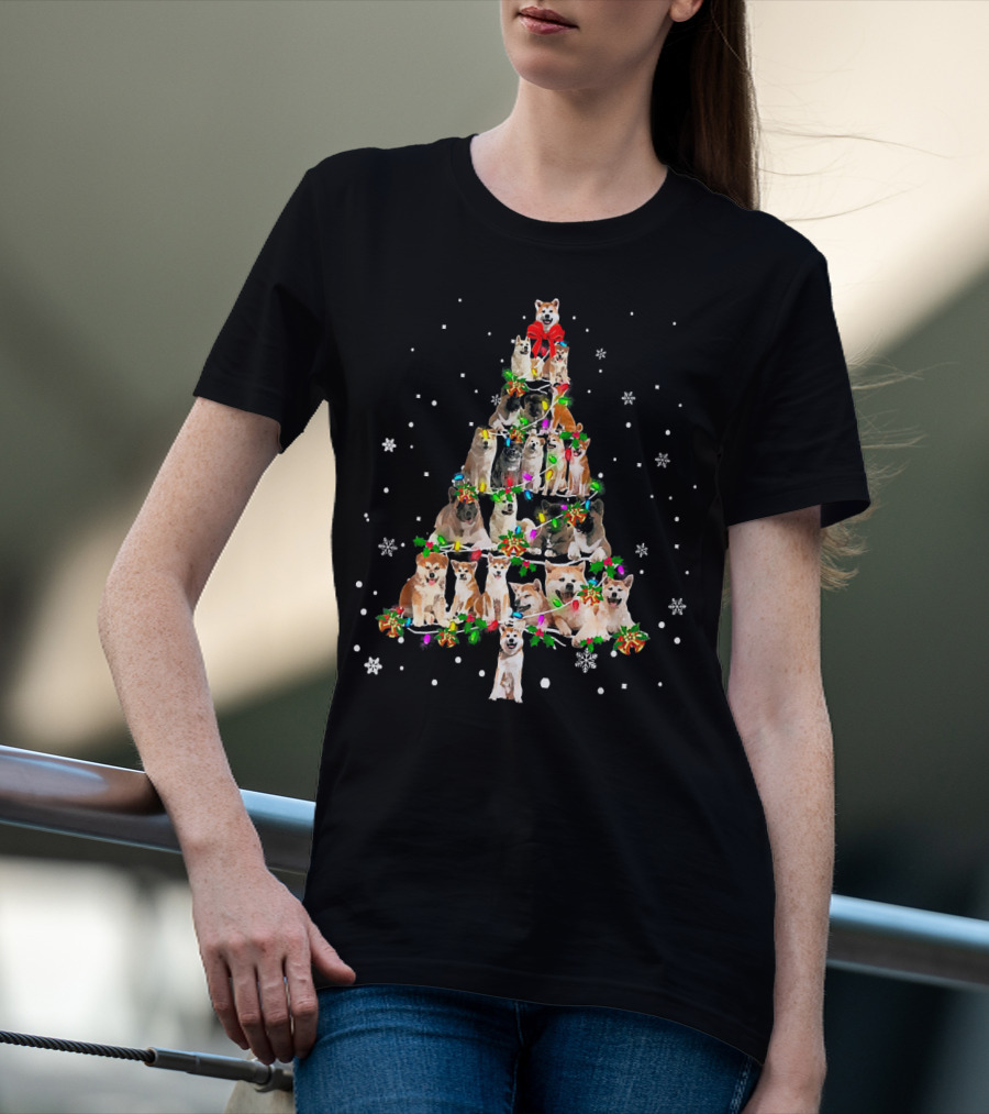 Cute Akita Dog Christmas Tree Decor With Snowflakes And Festive Lights T-Shirt