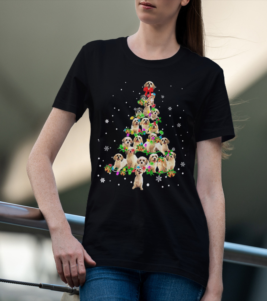 Cute Cavachon Dog Christmas Tree With Snowflakes And Bow T-Shirt
