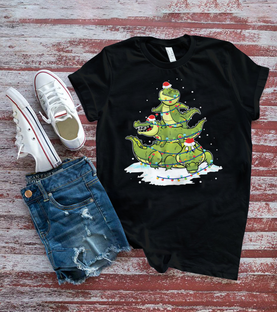 Alligator Santa Christmas Light Tree Festive Holiday Scene T-Shirt