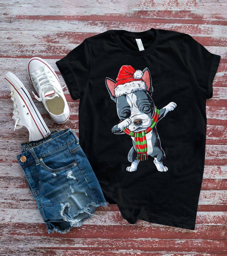 Dabbing Boston Terrier Santa Christmas Scarf Festive Dog T-Shirt