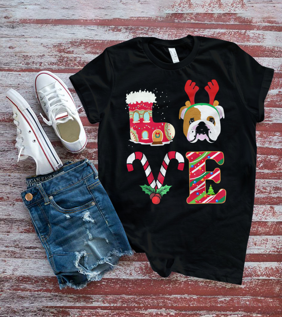 Love My English Bulldog Christmas Holiday Antlers Candy Cane T-Shirt