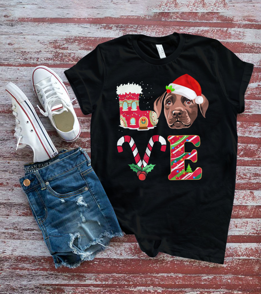 I Love My Chocolate Labrador Christmas Theme With Santa Hat And Candy Cane Decorations T-Shirt