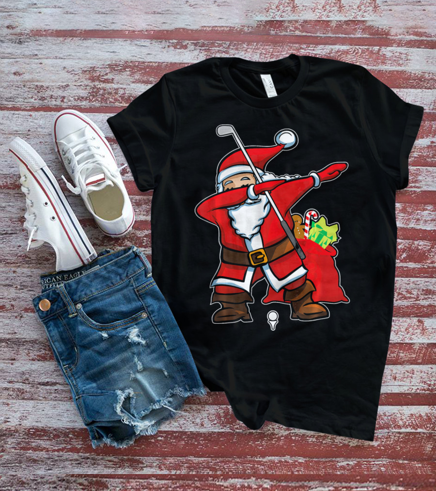 Christmas Dabbing Golf Santa With Gift Bag And Candy Cane T-Shirt