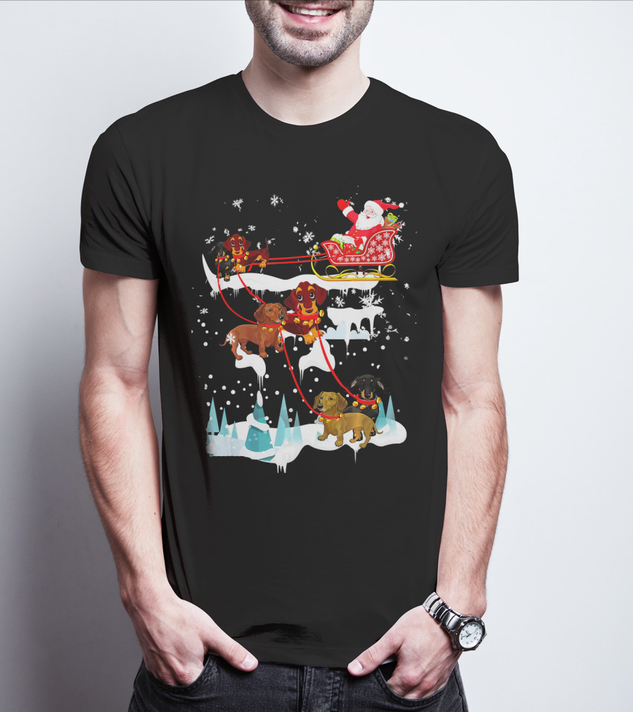 Santa Sleigh With Dachshund Reindeer Christmas Scene T-Shirt