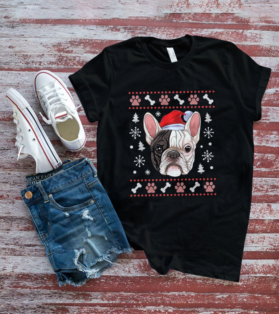 French Bulldog Christmas Santa Hat Snowflake Paw Bones T-Shirt