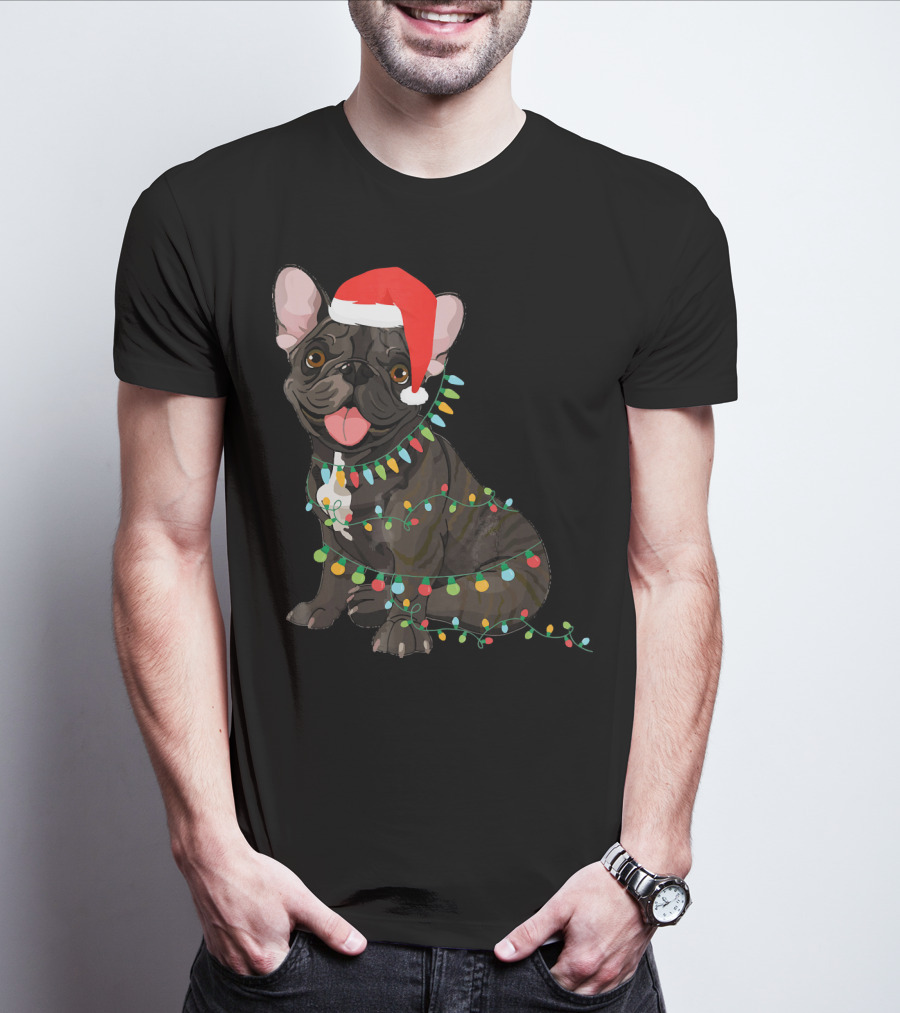 Santa French Bulldog Tangled In Christmas Lights T-Shirt