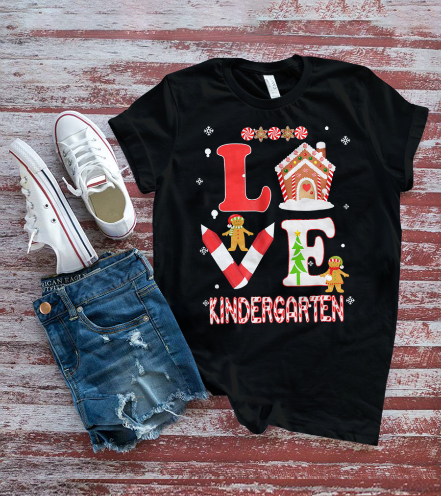 Love Kindergarten Teacher Gingerbread Candy Cane Christmas T-Shirt