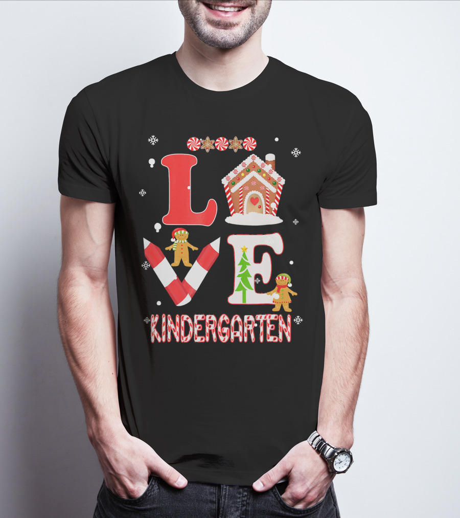 Love Kindergarten Teacher Gingerbread Candy Cane Christmas T-Shirt
