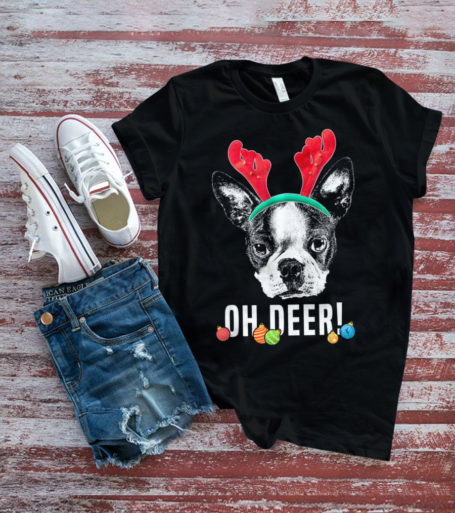 Oh Deer Boston Terrier With Reindeer Antlers And Christmas Ornaments T-Shirt