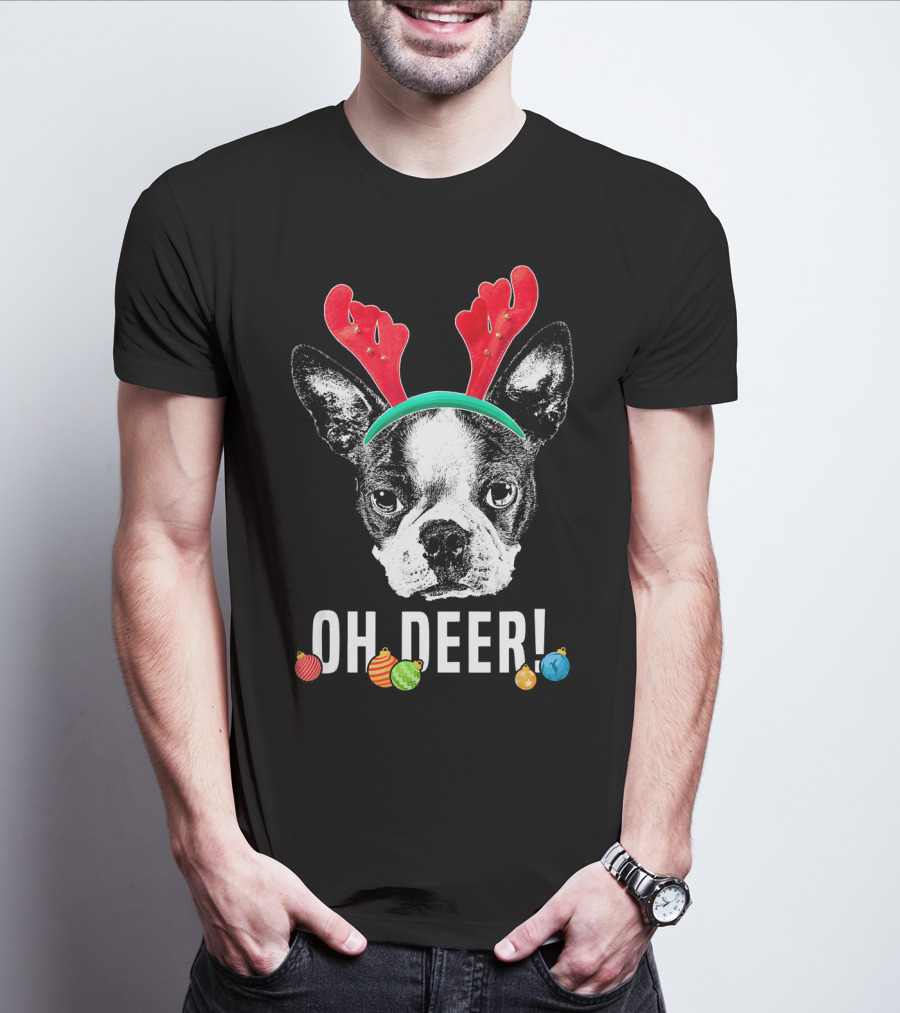 Oh Deer Boston Terrier With Reindeer Antlers And Christmas Ornaments T-Shirt