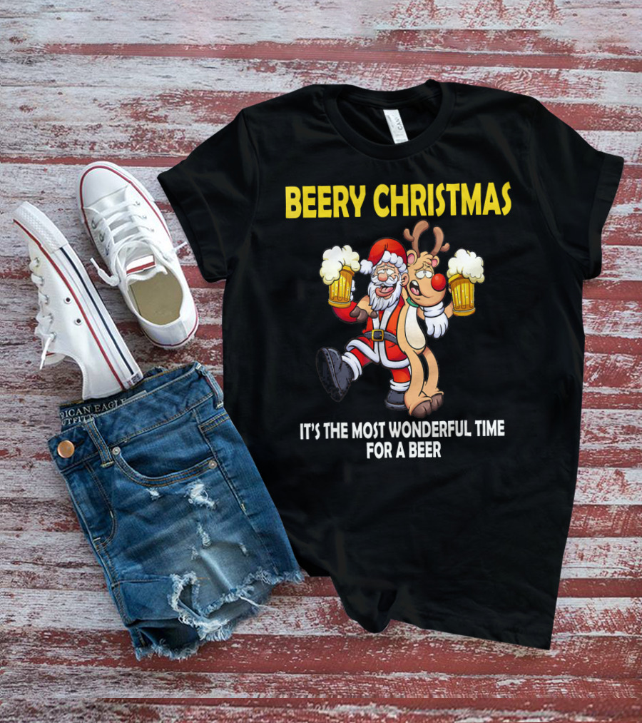 Beery Christmas It's The Most Wonderful Time For A Beer Santa And Reindeer Cheers T-Shirt