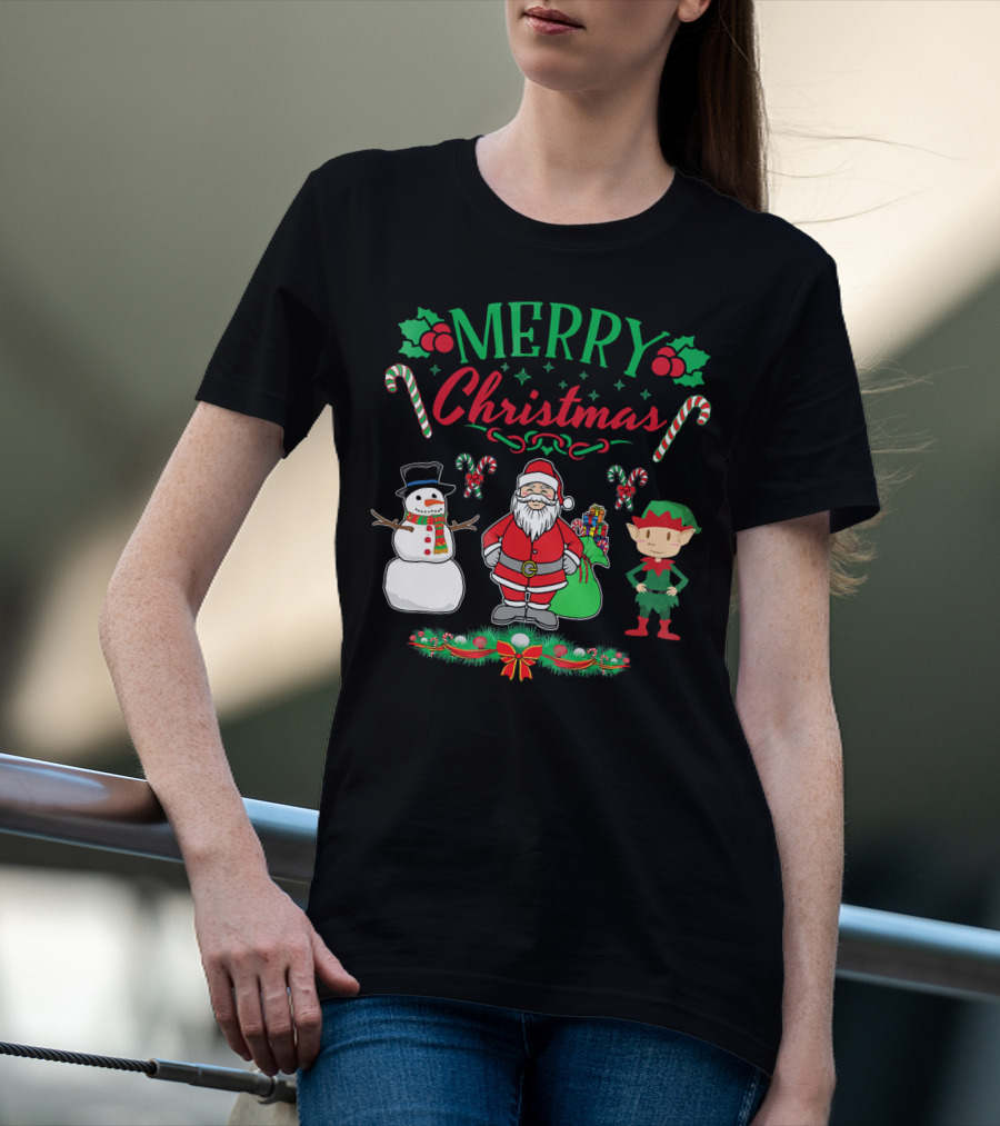 Merry Christmas Santa And Snowman With Elf And Candy Canes T-Shirt