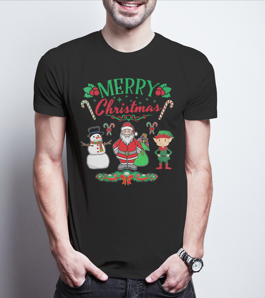 Merry Christmas Santa And Snowman With Elf And Candy Canes T-Shirt