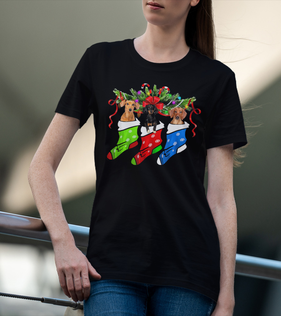 Funny Christmas Three Dachshund In Sock With Red Green Blue Holiday Stockings T-Shirt