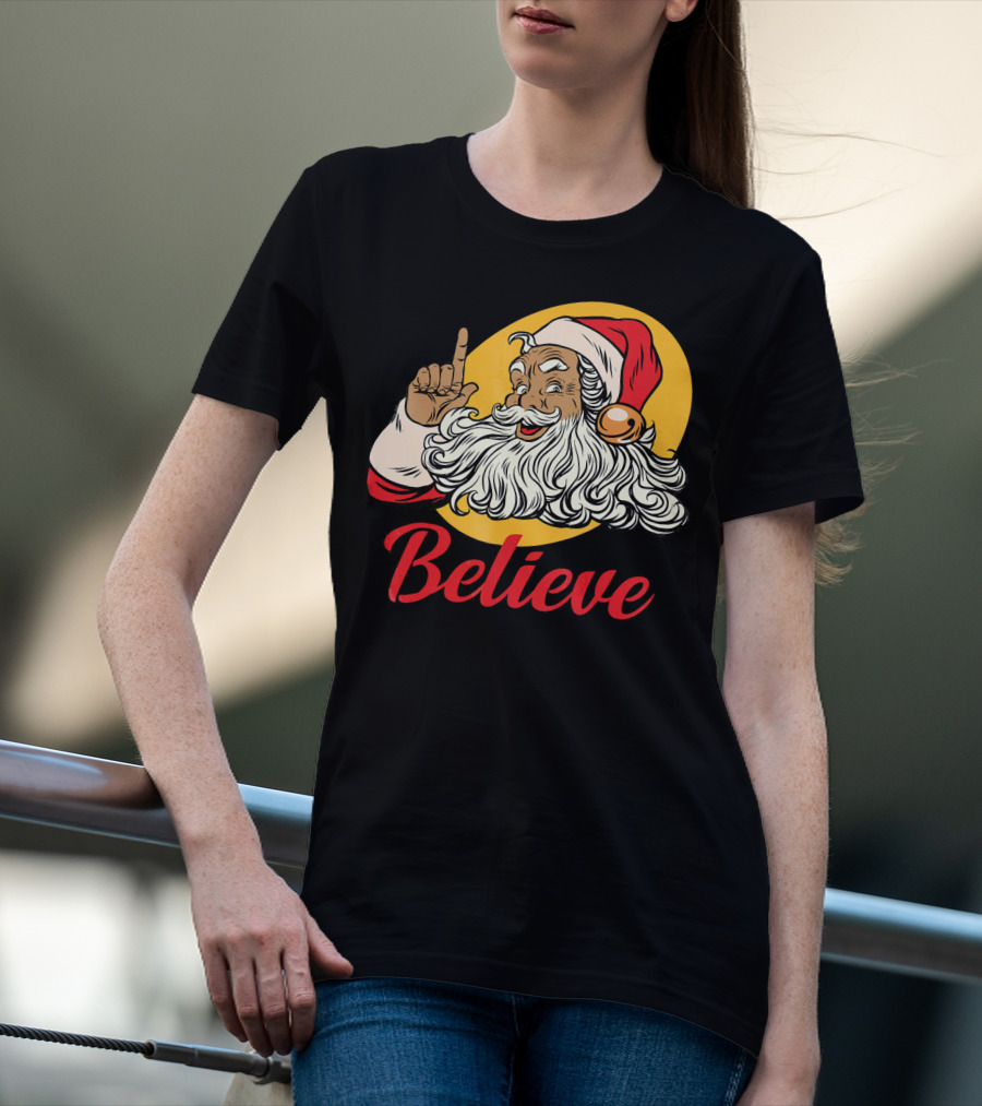 Black Santa Claus With Believe Caption And Yellow Background T-Shirt