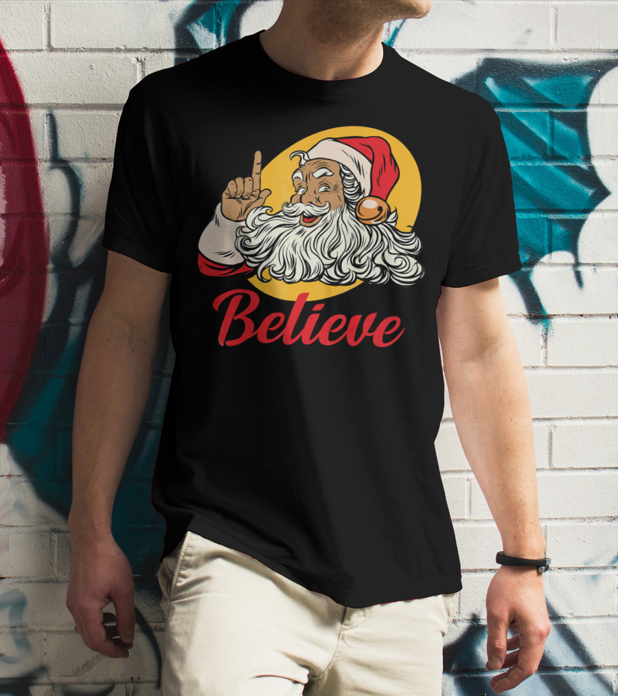 Black Santa Claus With Believe Caption And Yellow Background T-Shirt