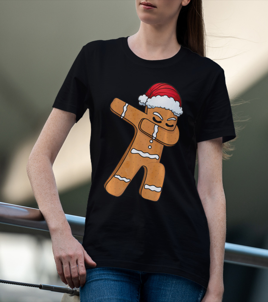 Dabbing Gingerbread Man With Santa Hat Holiday Fun T-Shirt