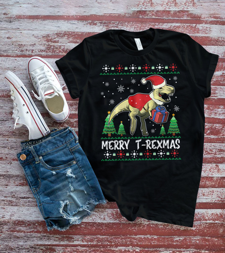 Merry T-Rexmas Dinosaur Santa Claus Holiday Snowflakes Trees T-Shirt